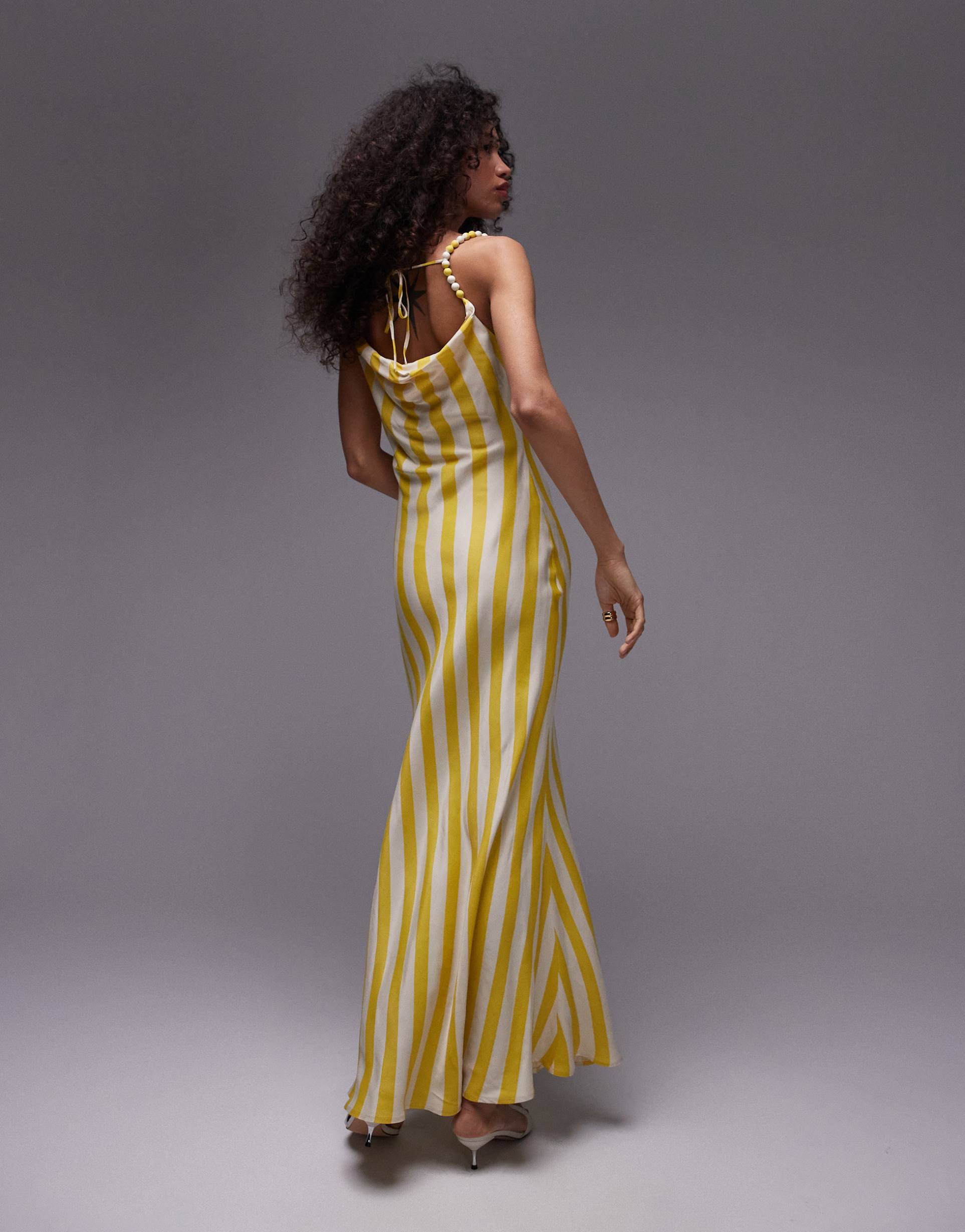 topshop premium cami slip midi dress with beaded straps in yellow stripe print