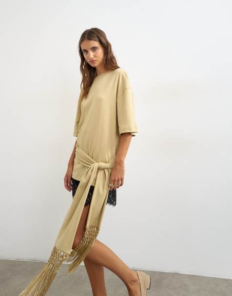 Topshop premium camiseta con detalle de lazo y flecos en piedra - view 1