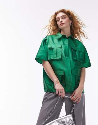 Topshop premium cargo multi pocket shirt in green | ASOS