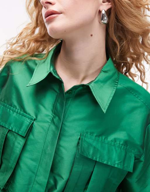 Topshop premium cargo multi pocket shirt in green