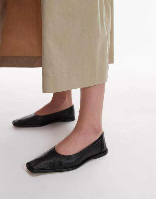 Topshop Premium – Casey – Czarne skórzane balerinki z kwadratowymi noskami i marszczeniem