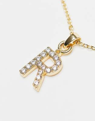 Topshop premium chain and diamante R initial charm in gold