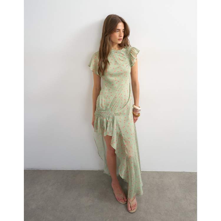 Topshop premium chiffon high low maxi dress with smocking detail in green  polka dot | ASOS