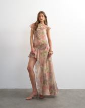 Topshop premium chiffon high low maxi dress with smocking detail in watercolour floral