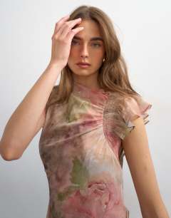 Model wearing Premium chiffon high low maxi dress with smocking detail in watercolour floral