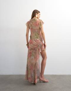 Model wearing Premium chiffon high low maxi dress with smocking detail in watercolour floral
