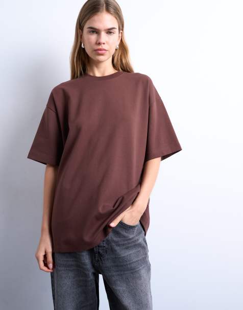 Topshop – Premium – Chokladbrun, stilren t-shirt i oversize - view 1