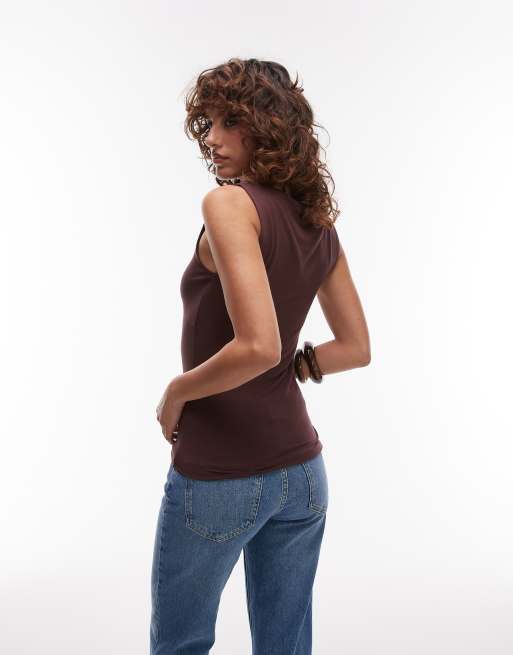 Topshop - Premium - Chokoladebrun tanktop med bred halsudskæring, 3 af 4