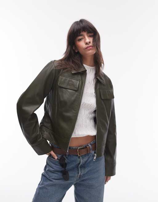 Topshop Premium – Ciemnozielona pudełkowa kurtka z naturalnej skóry