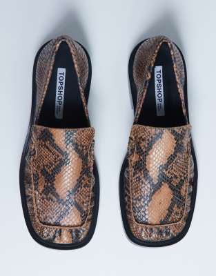 Topshop - Premium - Clover - Loafer aus Echtleder mit Raffung und Schlangenmuster-Bunt