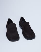 Topshop Premium Clover real suede loafers with ruched detail in chocolate