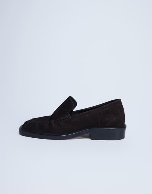 Topshop Premium Clover real suede loafers with ruched detail in chocolate, 2 of 4