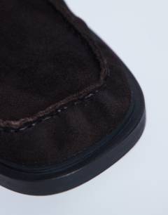 Model wearing Premium Clover real suede loafers with ruched detail in chocolate