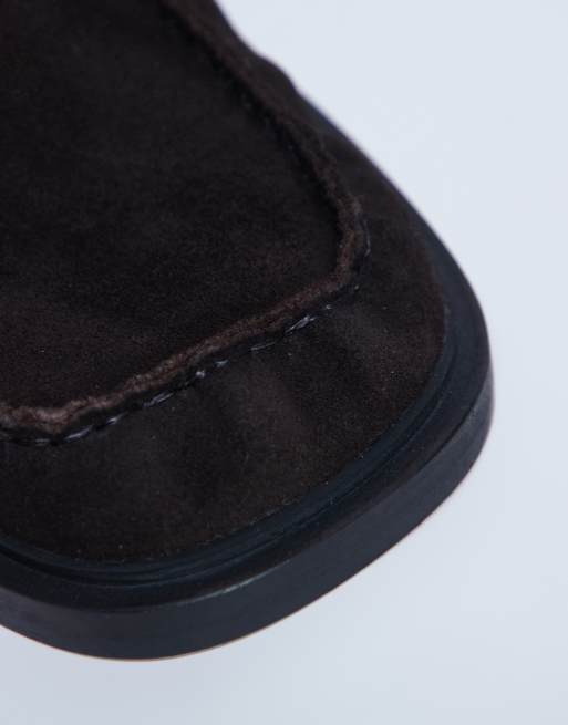 Topshop Premium Clover real suede loafers with ruched detail in chocolate, 4 of 4