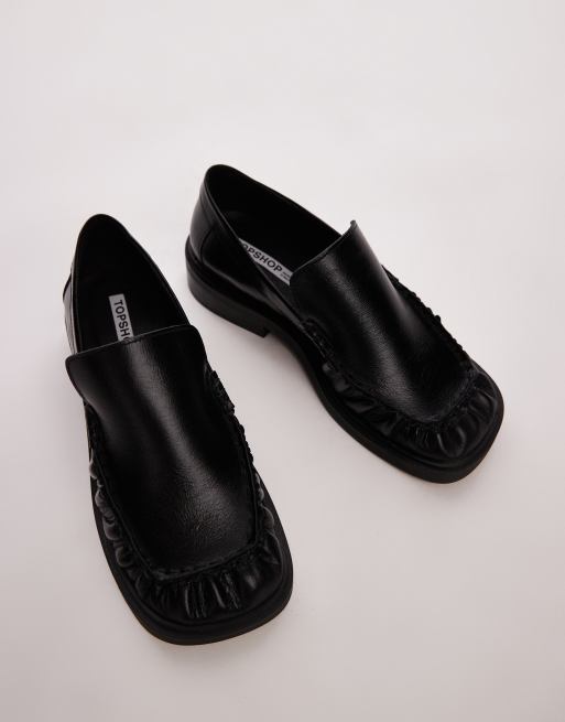 Topshop - Premium - Clover - Sorte loafers med rynkedetaljer i læder, 4 af 4