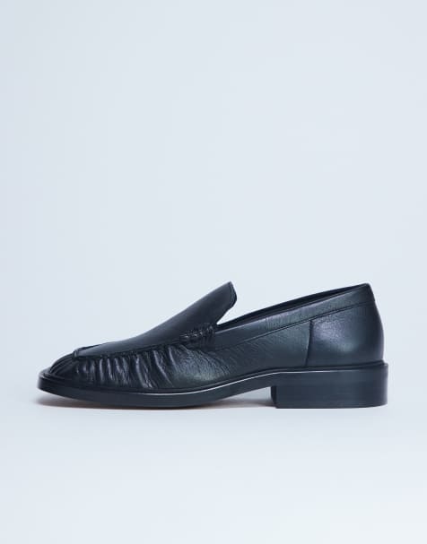 Topshop – Premium – Clover – Svarta loafers med rynkning i äkta läder - view 1