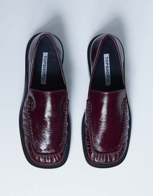 Topshop – Premium – Clover – Vinröda loafers med rynkning i äkta läder, 3 av 4
