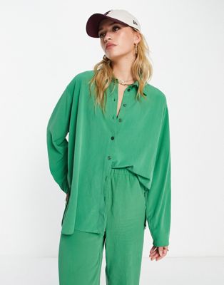 Topshop premium co-ord viscose oversized crinkle shirt in green
