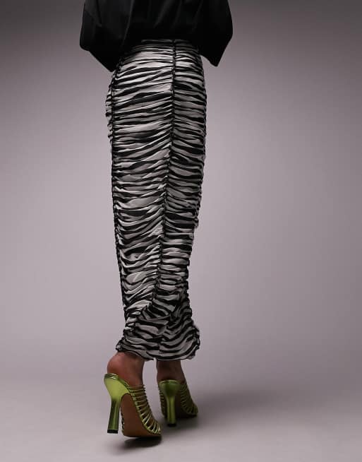 Topshop premium contrast seamed ruched zebra print midi skirt in