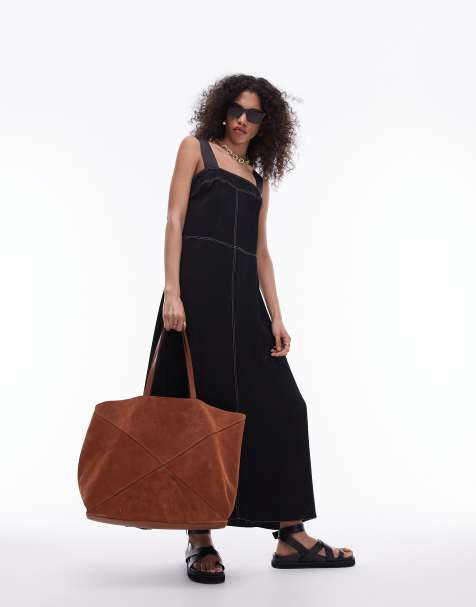 Topshop premium contrast stitch satin twill pinny midi dress in black - view 1