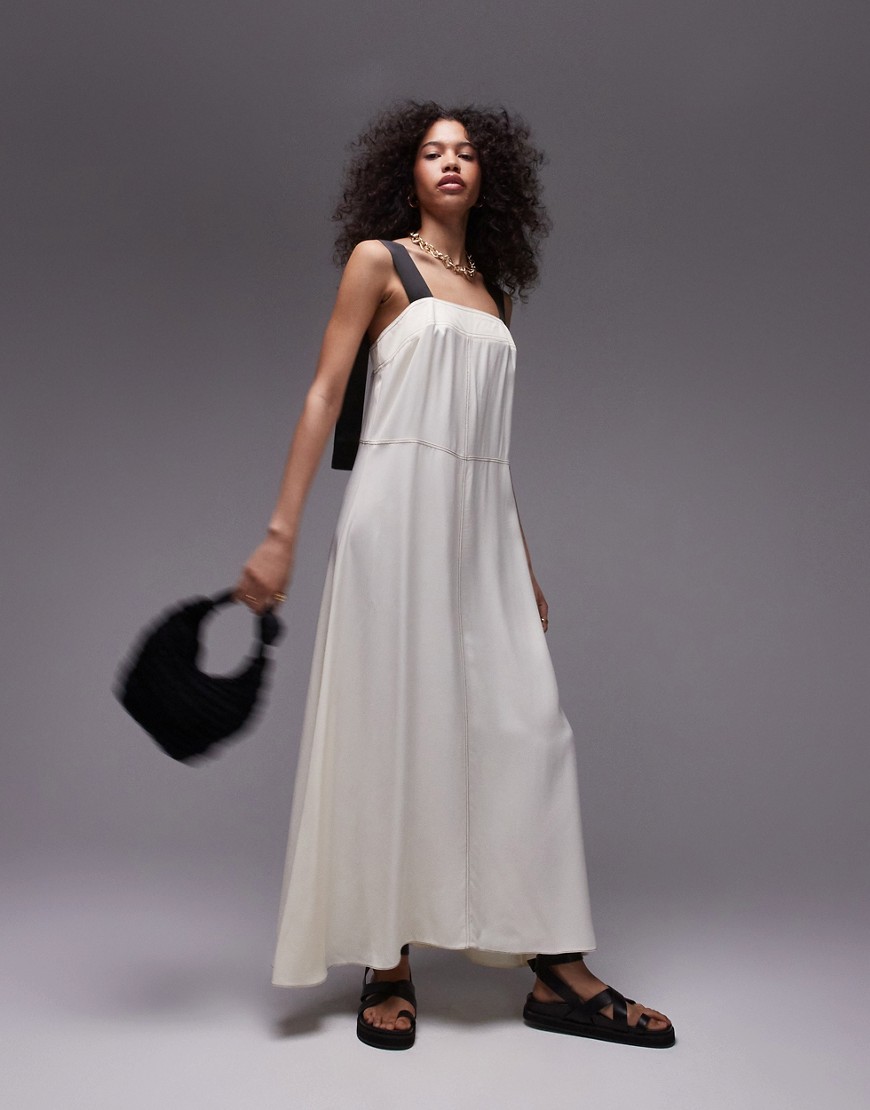 Topshop premium contrast stitch satin twill pinny midi dress in ivory-White