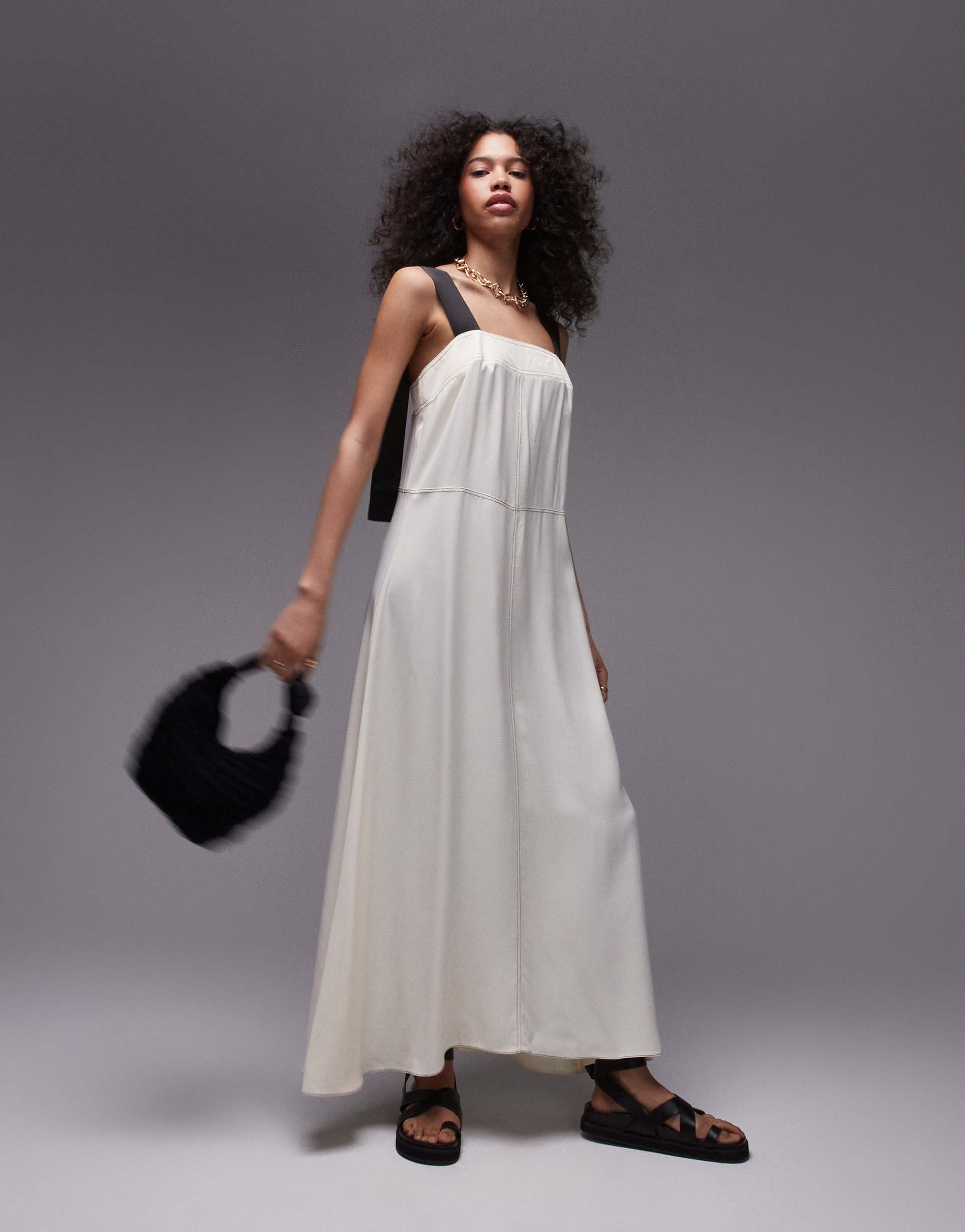 topshop premium contrast stitch satin twill pinny midi dress in ivory