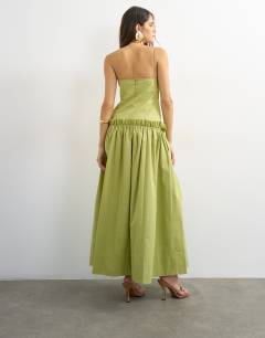 Model wearing Premium cotton maxi dress with raw edge frill detail in green