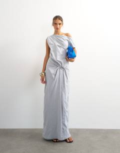 Model wearing Premium cotton rich jersey draped asymmetric maxi dress in grey marl