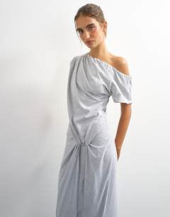 Model wearing Premium cotton rich jersey draped asymmetric maxi dress in grey marl