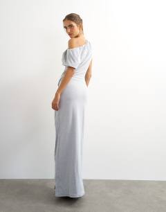 Model wearing Premium cotton rich jersey draped asymmetric maxi dress in grey marl