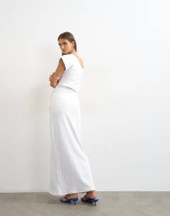 Model wearing Premium cotton rich jersey draped asymmetric maxi dress in white