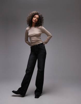 Topshop Premium Crew Neck Long Sleeve Top In Neutral