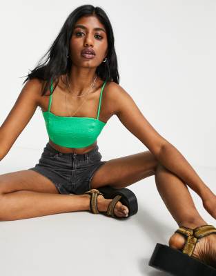 Topshop Premium Crinkle Satin Micro Bralette In Emerald - Part Of A Set-green