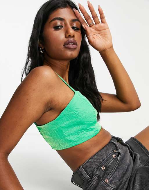 Neon Green Satin Tie Front Bralette, Tops