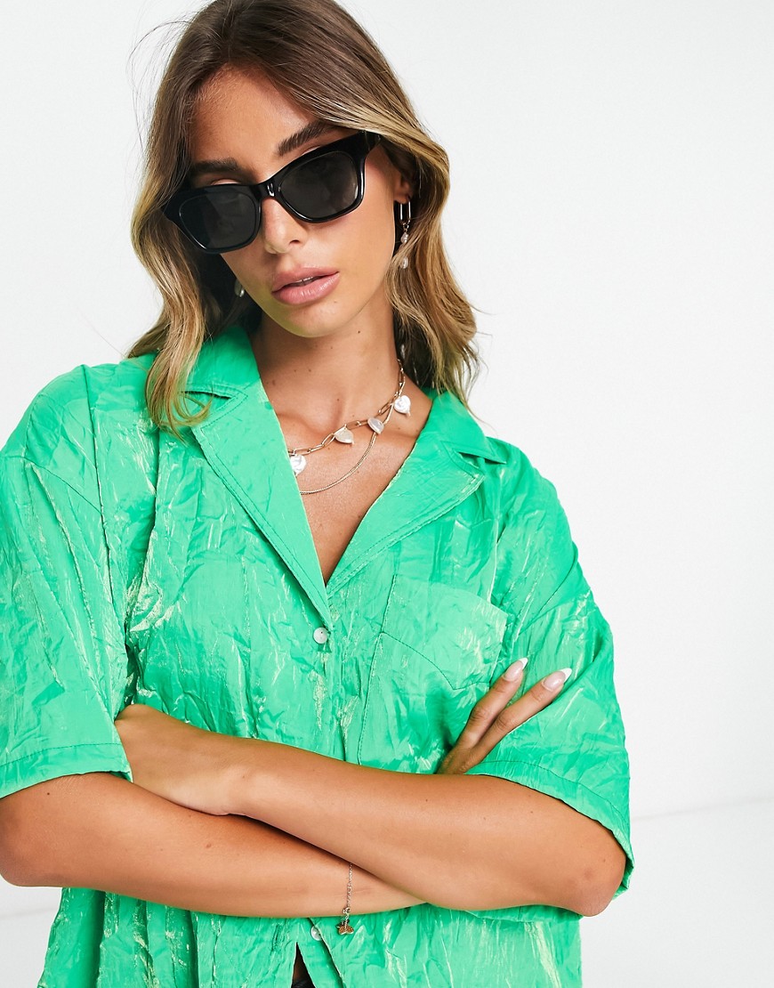 Topshop Premium Crinkle Satin Resort Shirt In Emerald - Part Of A Set-green