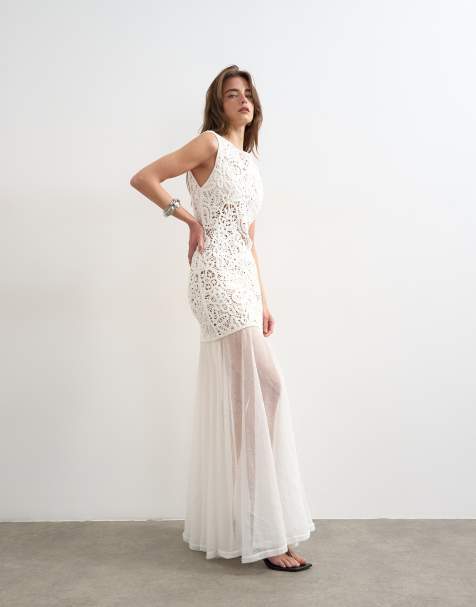 Topshop premium crochet knit full skirted dress in ecru - view 1