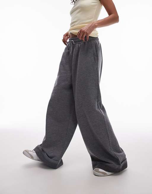 Topshop premium cuffed wide leg sweatpants in heather gray Topshop premium cuffed wide leg sweatpants in heather gray