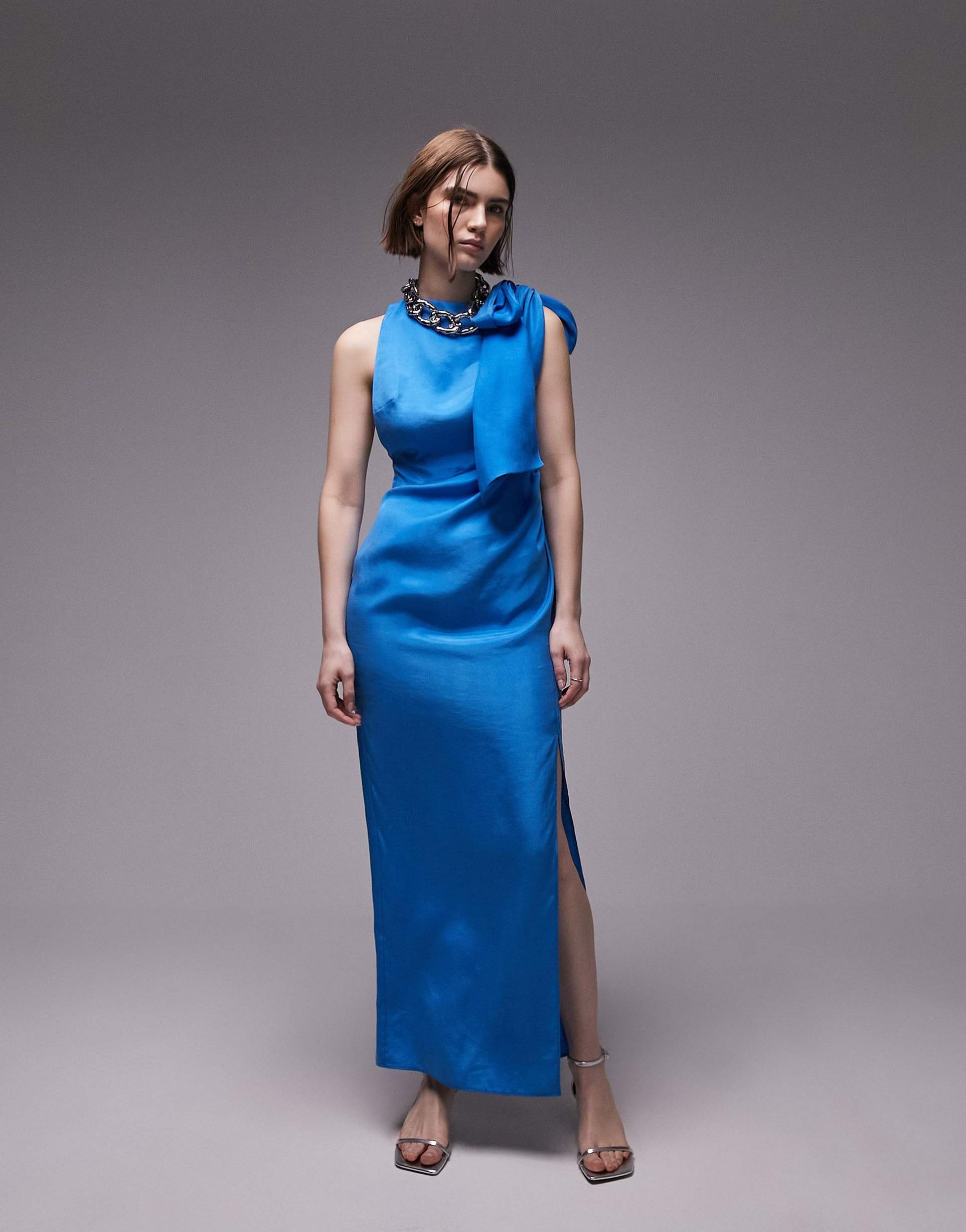 topshop premium cupro draped maxi dress in blue