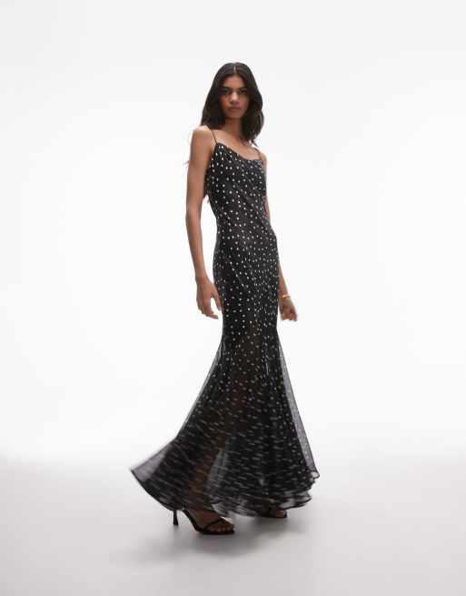 Topshop Premium – Czarna sukienka maxi z różnych materiałów z godetami w białe groszki