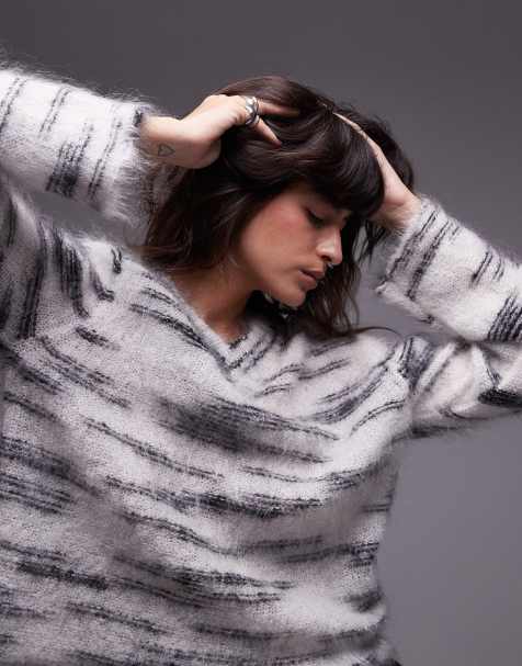 Topshop knitted premium mohair v-neck jumper in mono