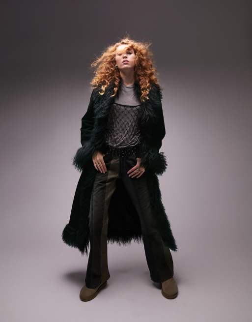 Topshop – Premium – Czarny elegancki płaszcza z naturalnego zamszu