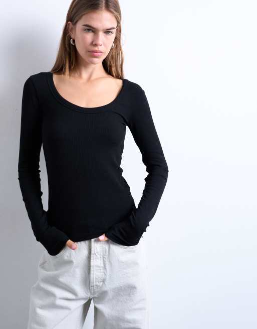 Topshop Premium – Czarny prążkowany top z długimi rękawami i szerokim dekoltem w kształcie litery U