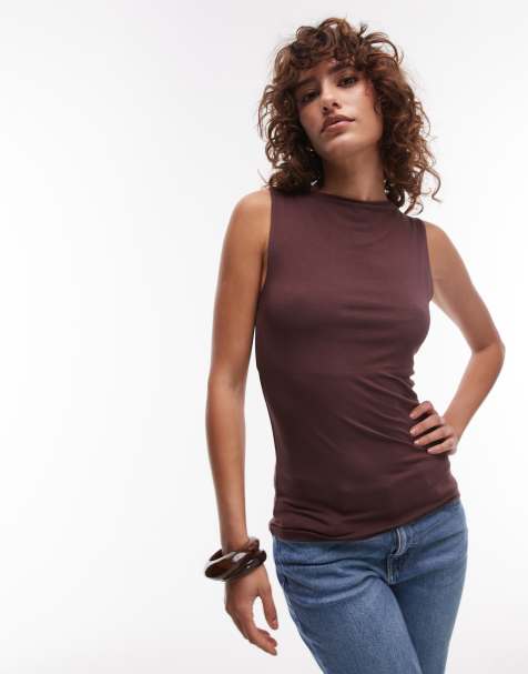 Topshop Premium – Czekoladowy podkoszulek z dekoltem w łódkę - view 1