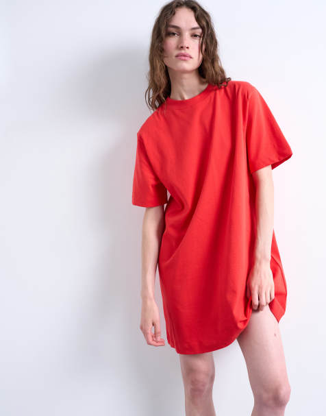 Topshop oversized premium short sleeve t-shirt dress in red