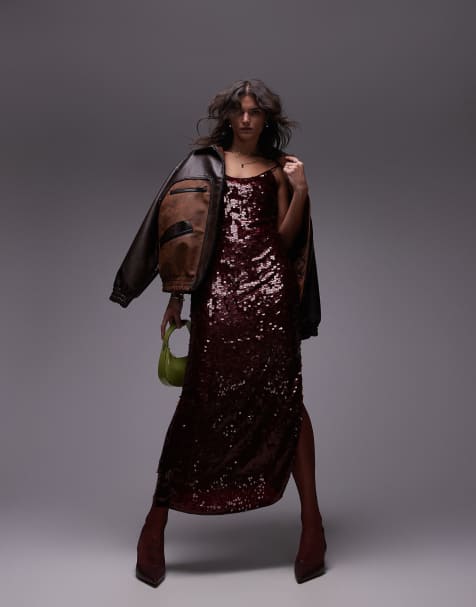 Topshop premium sequin slip maxi dress in oxblood
