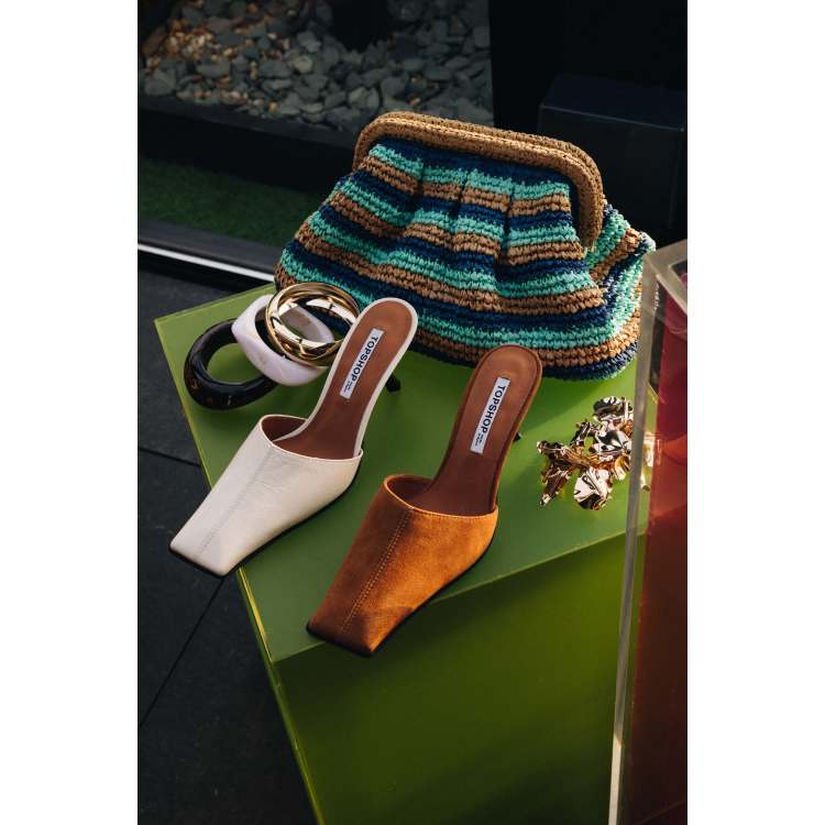 Topshop Premium Dante leather square toe heeled mule in off white