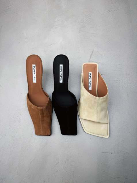 Topshop Premium Dante suede square toe heeled mules in black - view 1