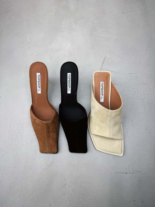 Topshop Premium Dante suede square toe heeled mules in black