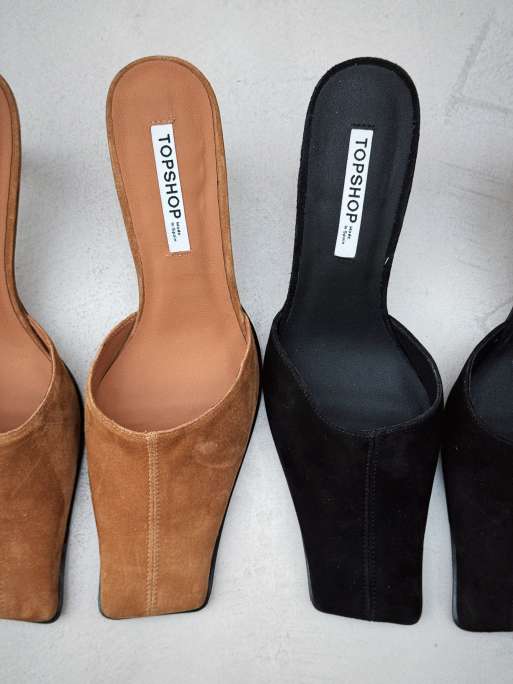 Topshop Premium Dante suede square toe heeled mules in tan
