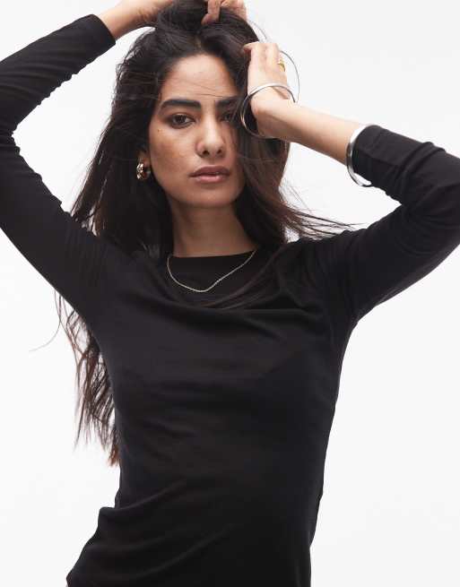 Topshop - Premium - Doorschijnende top met ronde hals en lange mouwen in zwart